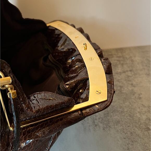Judith Leiber Python Snake Skin Frame Bag Gold Tone Cutout Hardware Vintage - Picture 7 of 16